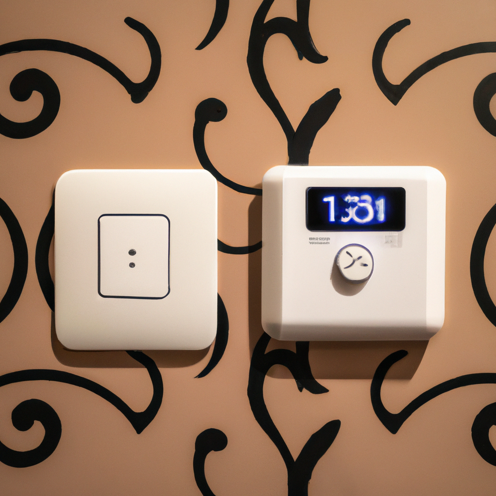 Smart home wall switch next to a wifi enabled thermostat, for the web