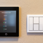 smart home light switch on a wall next to a smart home control panel with an LCD screen, for the web