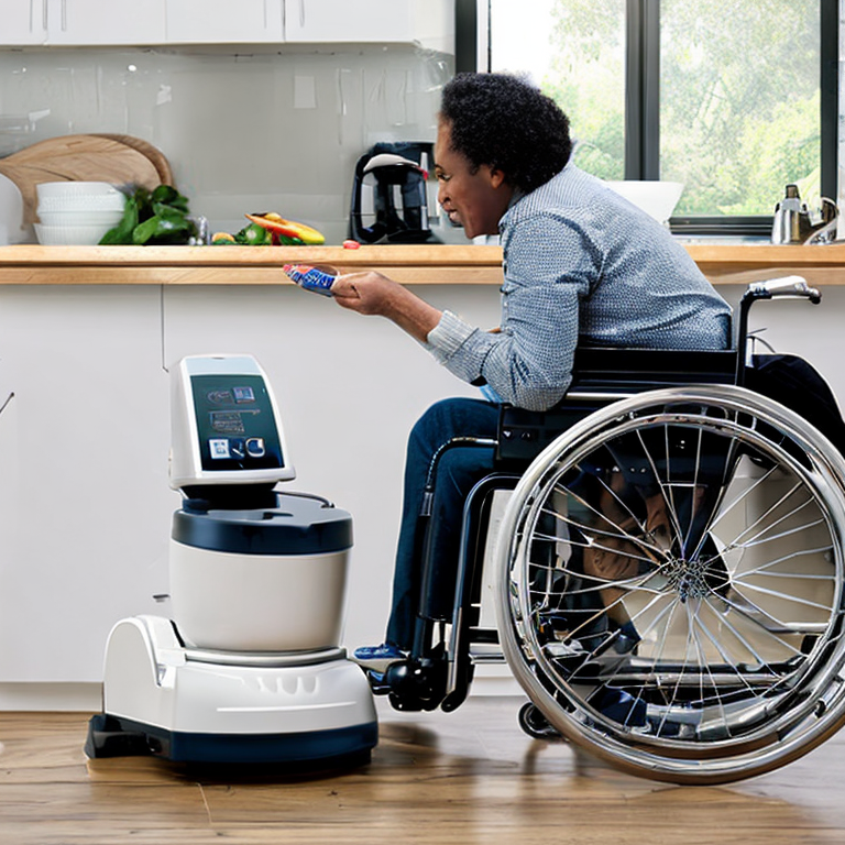 person in a wheelchair in a kitchen with robotic appliances