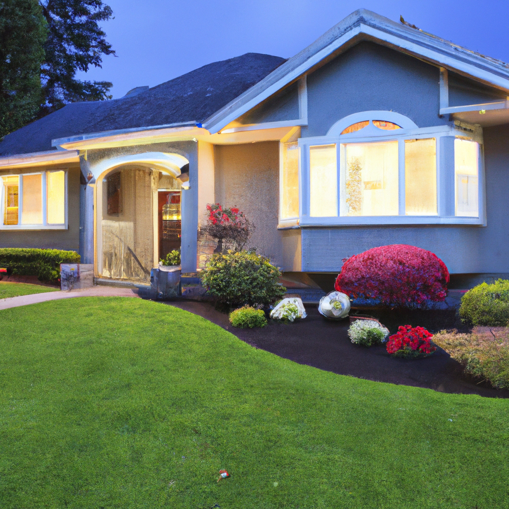 House with a well landscaped front yard and lots of lights