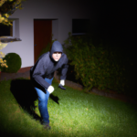 burglar in a front yard under a spotlight