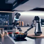 Automated kitchen appliances including a smart refrigerator, a robotic chef, and a voice-activated stove.