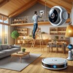 Photograph: Interior of a house. Midfield: A man is on a ladder, adjusting a wifi ptz camera. Background: fully automated house with a robot vacuum and a robot butler. Ultra high-resolution. Crisp, sharp details.