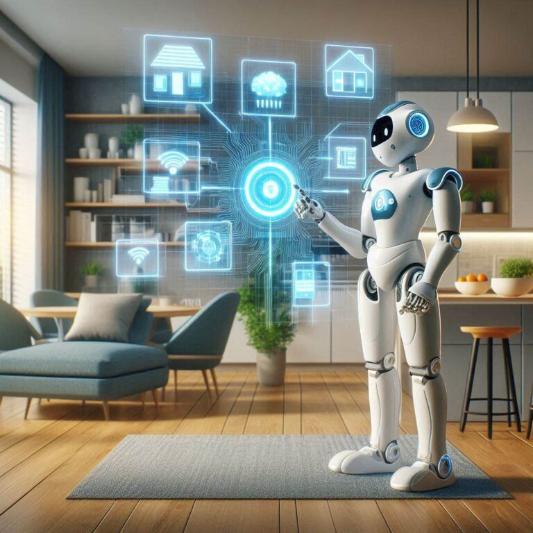 Photograph: Interior of a house. Midfield: A robot is interacting with a smart home hub to control the functions of the house. Background: fully automated house. Ultra high-resolution. Crisp, sharp details.