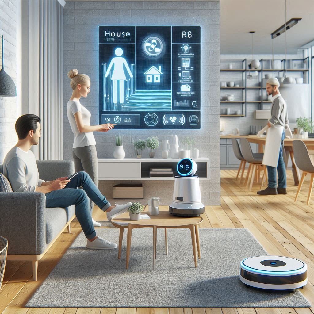 Photograph: Interior of a house. Midfield: A husband and wife are interacting with a smart home hub to control the functions of their house. Background: fully automated house with a robot vacuum and a robot butler. Ultra high-resolution. Crisp, sharp details.