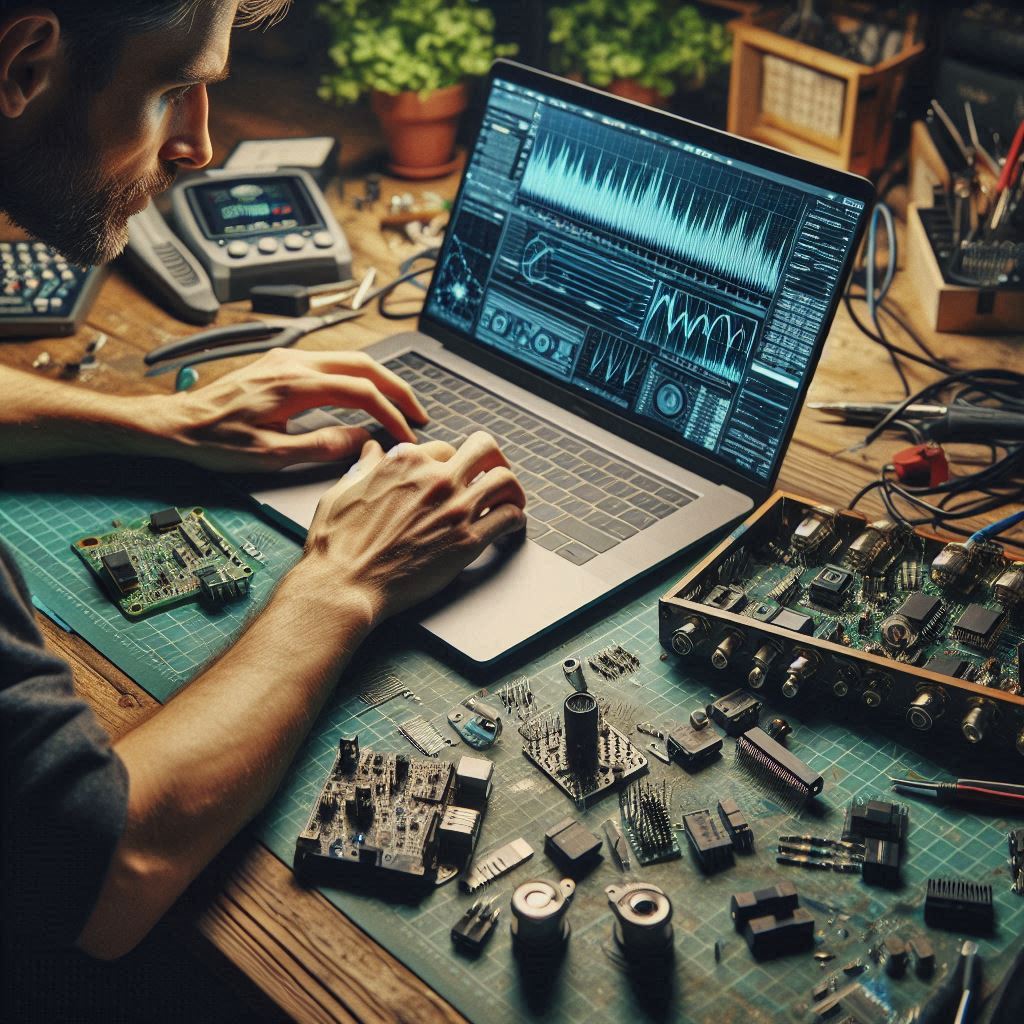 Photograph: a table with soldering components and printed circuit boards. Midfield: A man is using his laptop to analyze radio signals on a spectrum analyzer app. Ultra high-resolution. Crisp, sharp details.