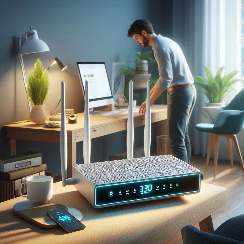 Photorealistic scene of a person setting up a TP-Link Archer AX55 wifi router in their home office